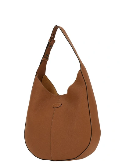 Shop Tod's Brown Hobo Handbag With Tonal Embossed Logo In Grainy Hammered Woman