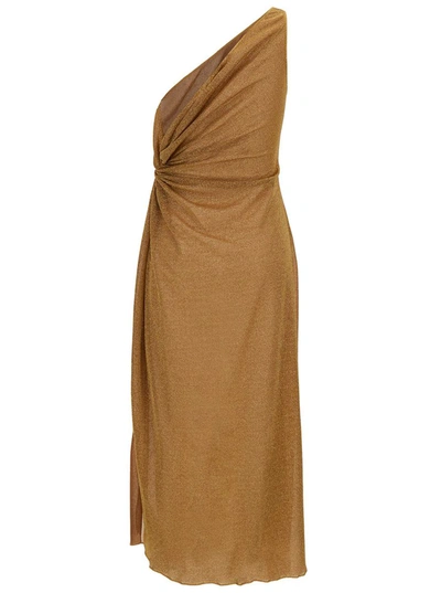 Shop Oseree 'lumière' Midi Gold Dress With Knot Detail In Lurex Woman In Grey