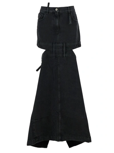 Shop Attico Midi Black Skirt With Maxi Cut-out In Denim Woman