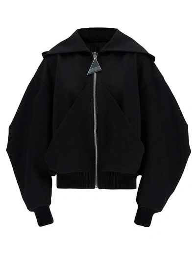 Shop Attico Oversized Black Bomber Jacket With Hood In Gabardine Woman
