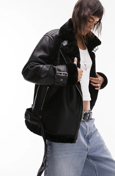 Topshop Aviator Oversize Faux Leather Jacket With Faux Fur Trim In