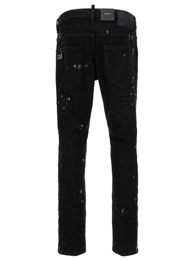 Shop Dsquared2 'skater' Black Five-pocket Jeans With Paint Stains In Stretch Cotton Denim Man