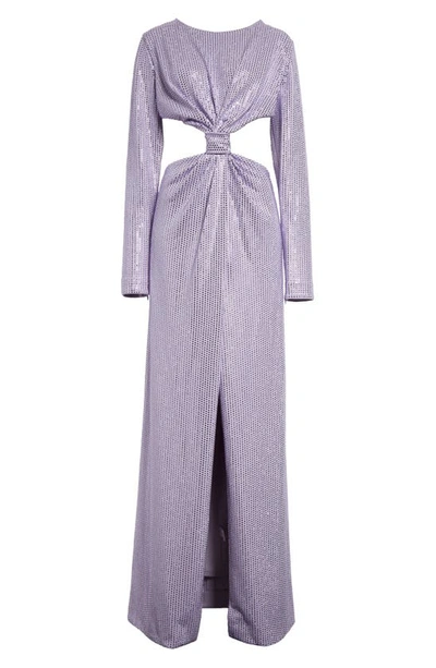 Shop Area Knotted Cutout Crystal Embellished Long Sleeve Stretch Jersey Gown In Lilac