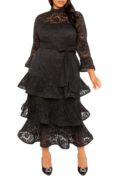 Shop Buxom Couture Tiered Lace Long Sleeve Maxi Dress In Black