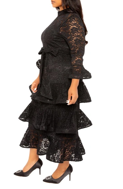 Buxom Couture Tiered Lace Long Sleeve Maxi Dress In Black