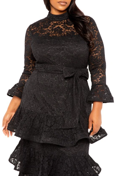 Buxom Couture Tiered Lace Long Sleeve Maxi Dress In Black
