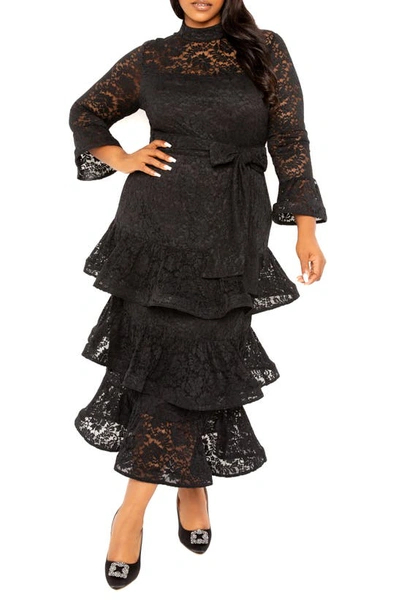 Buxom Couture Tiered Lace Long Sleeve Maxi Dress In Black
