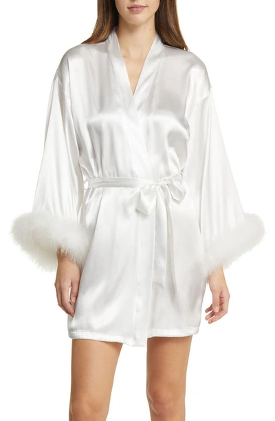 Shop In Bloom By Jonquil Feather Trim Satin Robe In Ivory