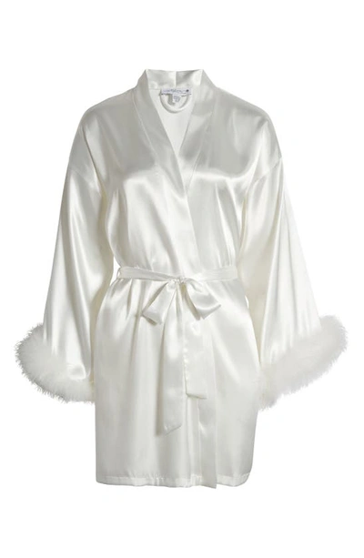 Shop In Bloom By Jonquil Feather Trim Satin Robe In Ivory