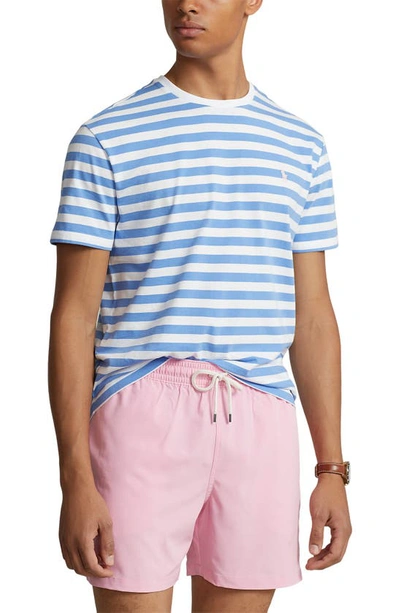 Shop Polo Ralph Lauren Stripe Logo Embroidered T-shirt In Summer Blue/ White