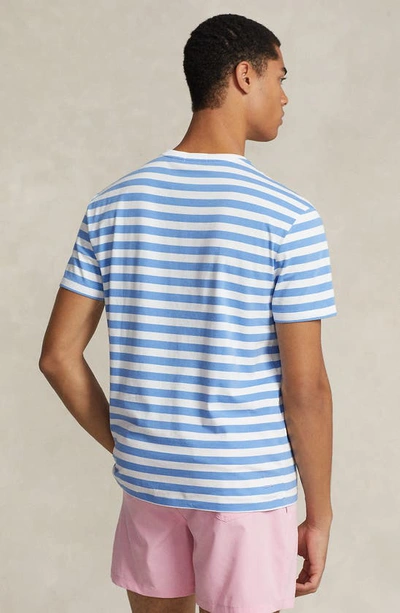 Shop Polo Ralph Lauren Stripe Logo Embroidered T-shirt In Summer Blue/ White