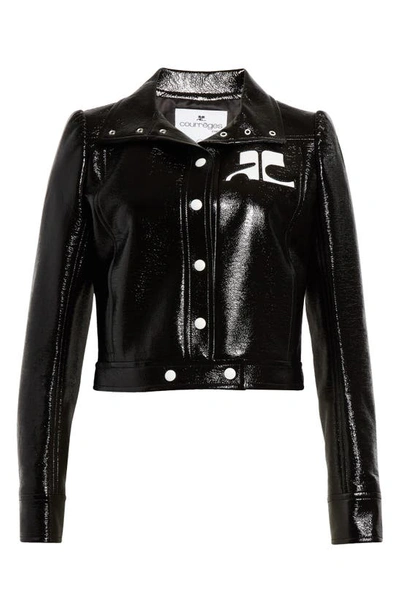 Courrèges Logo-print Faux-leather Cropped Jacket In Black
