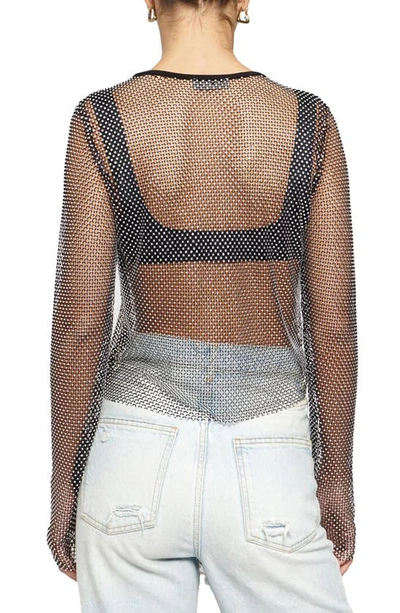 Shop Know One Cares Rhinestone Long Sleeve Mesh Top In Black