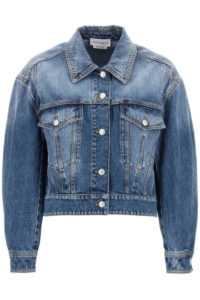 Shop Alexander Mcqueen Denim Cocoon Jacket In Blue