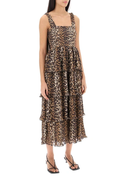 Shop Ganni Pleated Long Dress With Leopard Motif In Multicolor