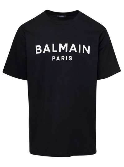 Shop Balmain Black Crew Neck T-shirt With Logo Print On The Chest In Cotton Man