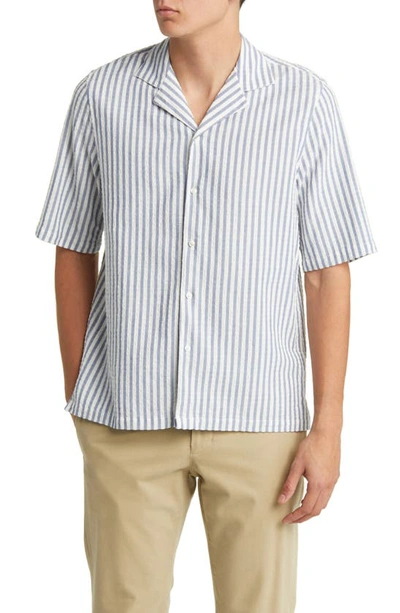 Shop Officine Generale Eren Stripe Short Sleeve Cotton Button-up Shirt In White/ Navy