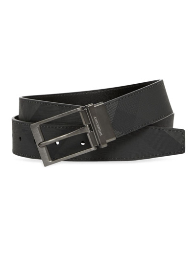 Shop Burberry Men's Louis Reversible Leather & Check Belt In Dark Charcoal Black