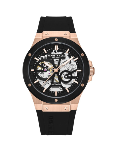 Shop Kenneth Cole Men's Automatic Rose-goldtone Stainless Steel & Silicone Skeleton Watch/43mm In Black