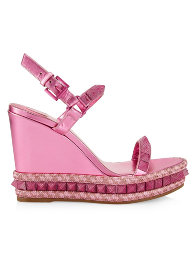 Shop Christian Louboutin Women's Pyraclou 110mm Leather Wedge Sandals In Pink