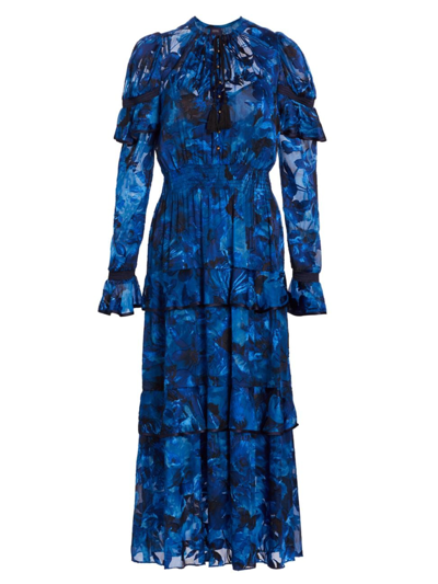 Shop Marchesa Women's  Rosa Diantha Tiered Floral Midi-dress In Blue