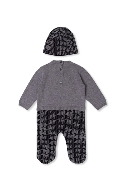 Shop Balmain Logo-intarsia Knitted Babygrow Set In Black/grey