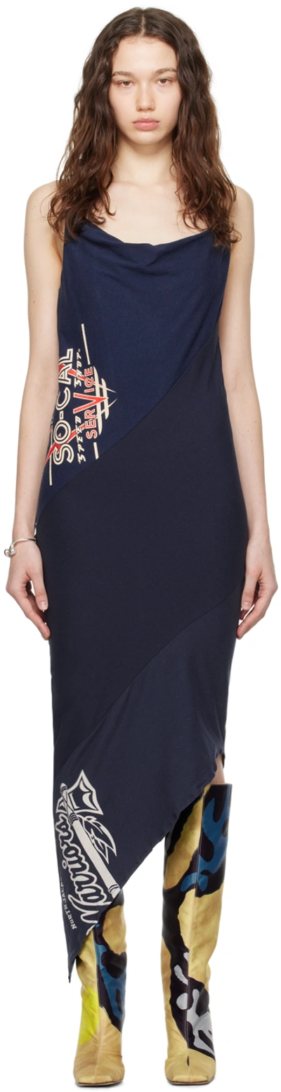 Shop Conner Ives Navy Reconstituted Midi Dress In Multi Blue