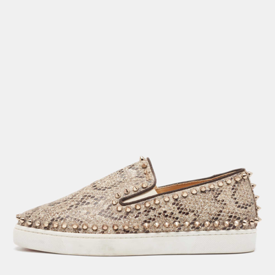 Pre-owned Christian Louboutin Two Tone Python Print Glitter Pik Boat Trainers Size 38 In Brown