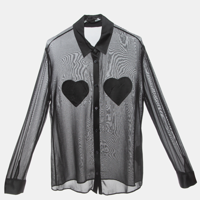 Pre-owned Love Moschino Black Chiffon Heart Patched Shirt L