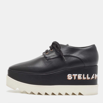 Pre-owned Stella Mccartney Black Faux Leather Elyse Logo Embroidered Platform Sneakers Size 38