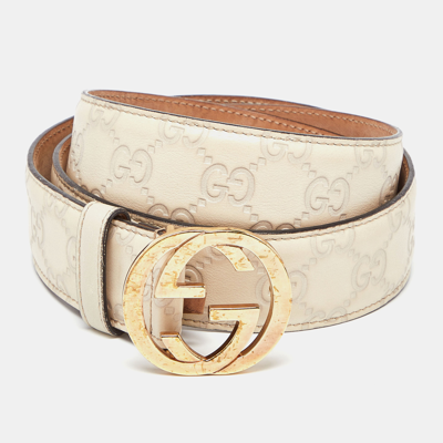 Pre-owned Gucci Ssima Leather Interlocking G Buckle Belt 90cm In Beige