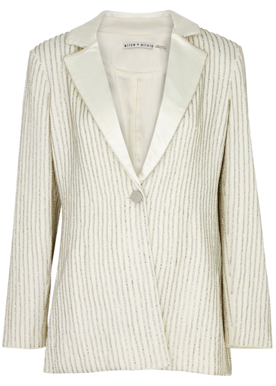 Shop Alice And Olivia Yona Crystal-embellished Pinstriped Blazer In Off White
