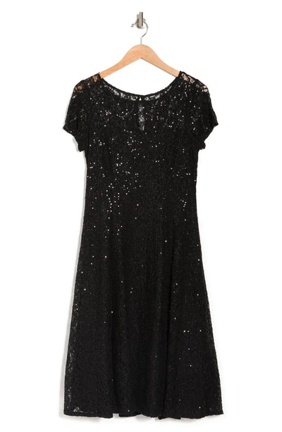 Sl Fashions Cap Sleeve Metallic Lace Dress In Blk