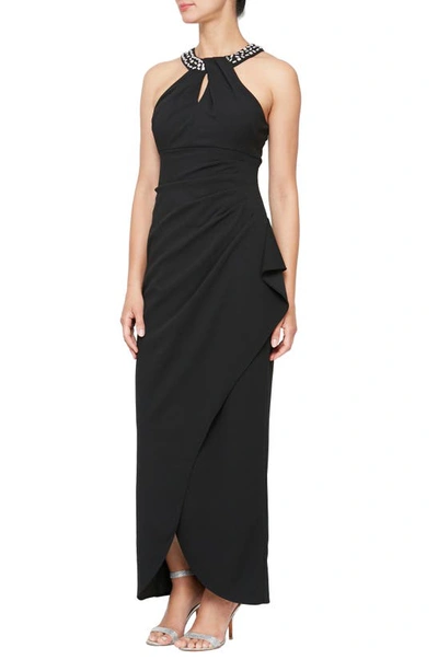 Shop Sl Fashions Crystal Embellished Halter Neck Tulip Gown In Black