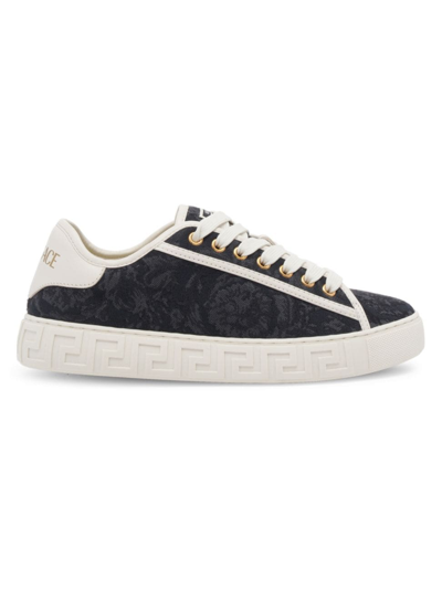 Shop Versace Women's Jacquard Leather-trimmed Sneakers In Black Gold