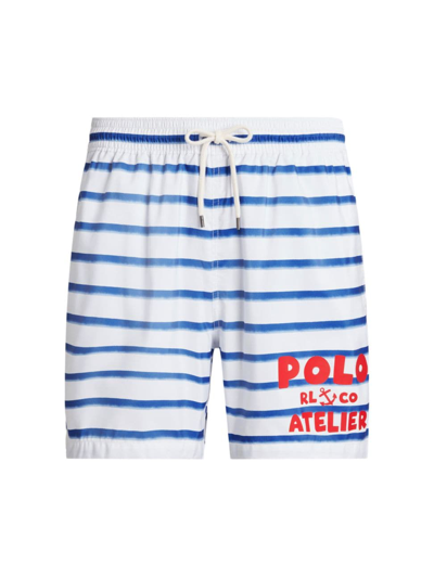 Shop Polo Ralph Lauren Men's Traveler Striped Swim Trunks In Blue