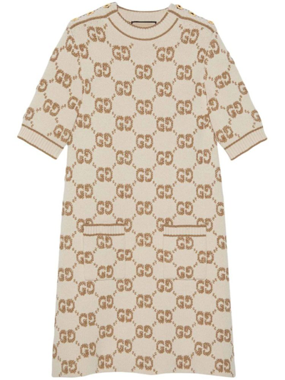 Shop Gucci Gg Jacquard Crewneck Knit Dress In Beige