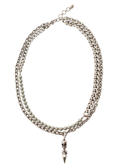 Shop Alexander Mcqueen Skull Stud Embellished Necklace In Silver