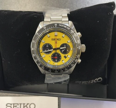 Pre-owned Seiko Prospex Speedtimer Solar Steel Bracelet Yellow Dial Watch - Ssc929