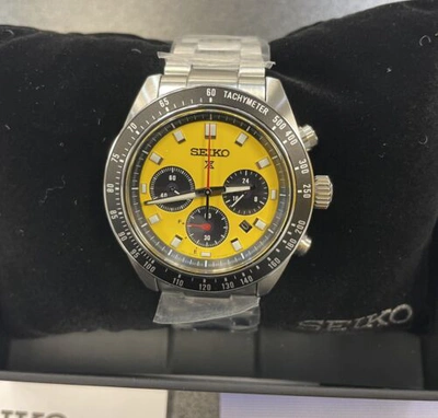 Pre-owned Seiko Prospex Speedtimer Solar Steel Bracelet Yellow Dial Watch - Ssc929