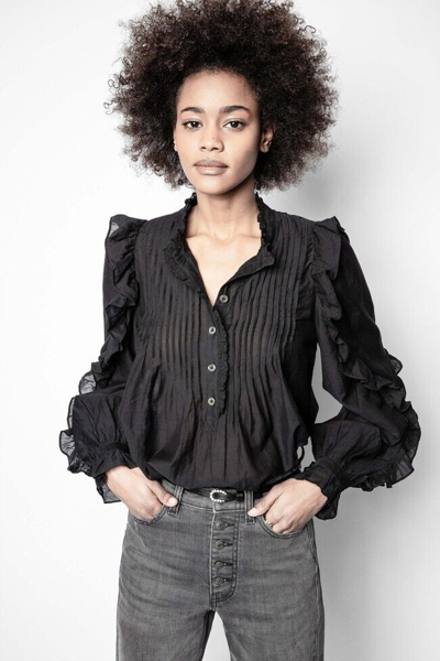 Pre-owned Zadig & Voltaire $378  Timmy Tomboy Ruffled Tunic Blouse Shirt Black Size S