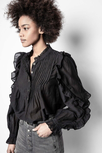 Pre-owned Zadig & Voltaire $378  Timmy Tomboy Ruffled Tunic Blouse Shirt Black Size S