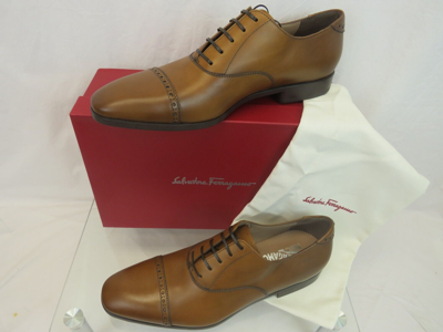 Pre-owned Ferragamo Boston Brown Tan Ambre Brogue Leather Gancini Bit Oxfords 10 Ee