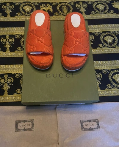 Pre-owned Gucci Angelina Gg Sponge Orange Monoriccio Platform Sandals Shoes 37