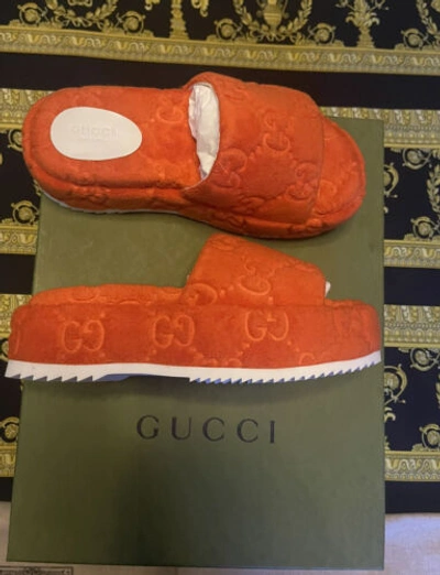 Pre-owned Gucci Angelina Gg Sponge Orange Monoriccio Platform Sandals Shoes 37