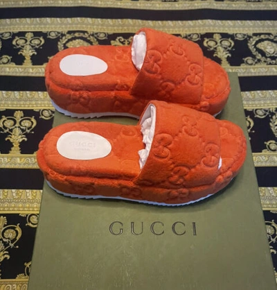 Pre-owned Gucci Angelina Gg Sponge Orange Monoriccio Platform Sandals Shoes 37