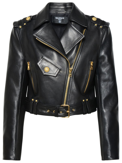 Shop Balmain Zipped Leather Biker Jacket In Black