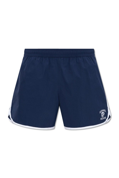 Shop Alexander Mcqueen Logo Embroidered Swim Shorts In Blue