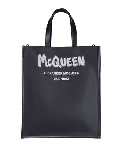 Shop Alexander Mcqueen Black Leather Tote Bag