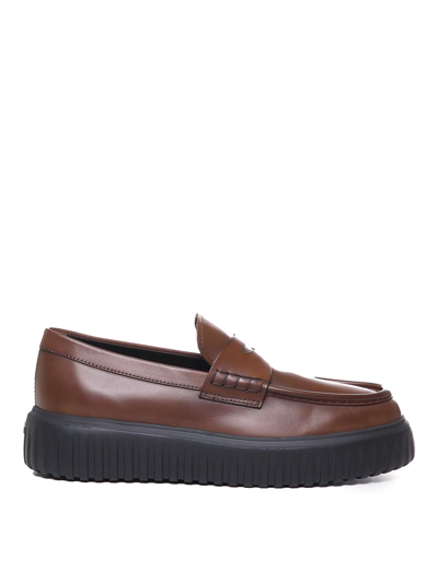 Shop Hogan H-stripes Loafers In Brown